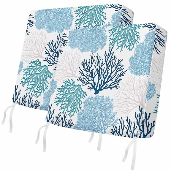Outdoor Patio Cushion Covers 2 Pack Teal Blue Coral Chair Pads Slipcovers with Ties & Zipper Waterproof Seat Cover Ocean Marine Life Seat Cushion Covers for Outdoor Furniture Couch Sofa 24x24 Inch