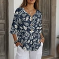 thumbnail image 3 of Xoenoiee Tropical Palm Leaves Print Women's Tops Blouses Business Casual 3/4 Sleeve Henley V Neck Linen Shirts Button Up Pleated Tunic for Ladies, Size 4XL, 3 of 7