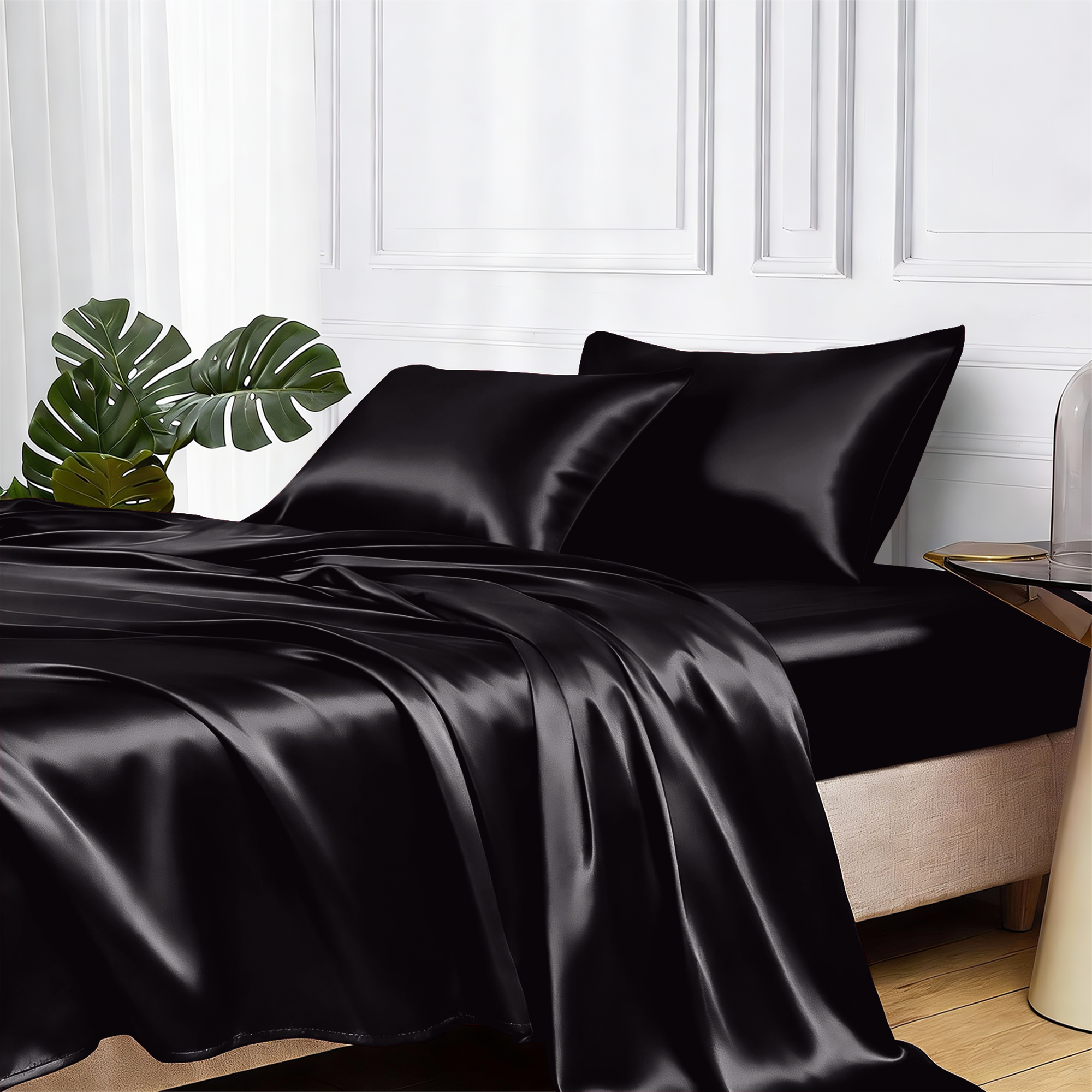MR&HM 4-Piece Satin Queen Sheet Set, Black photo 1