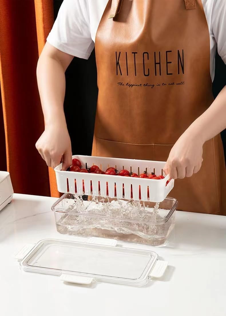 1PCS Produce saver containers for refrigerator Ieak proof Food Storage Bins with lids Removable Colander Fresh Plastic box Keep Fruit Vegetable Berry Lettuce Meat seafood Fresh longer,gray.