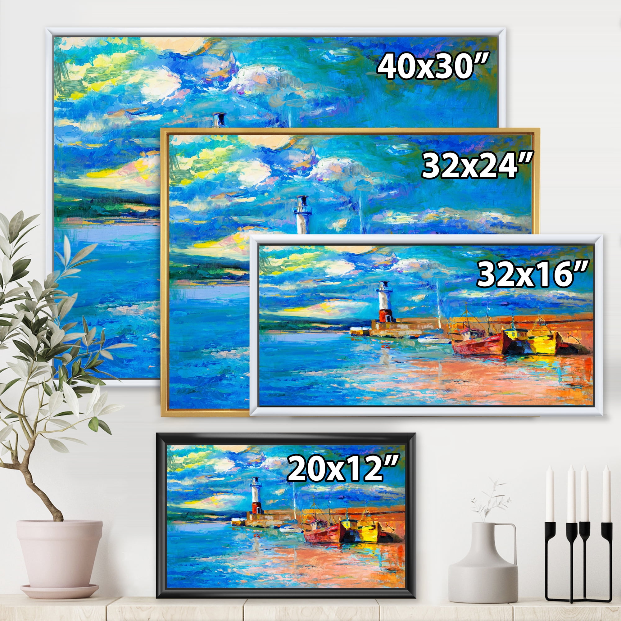 Designart 'Lighthouse By The Shore In Evening Glow ' Nautical & Coastal Framed Canvas Wall Art Print
