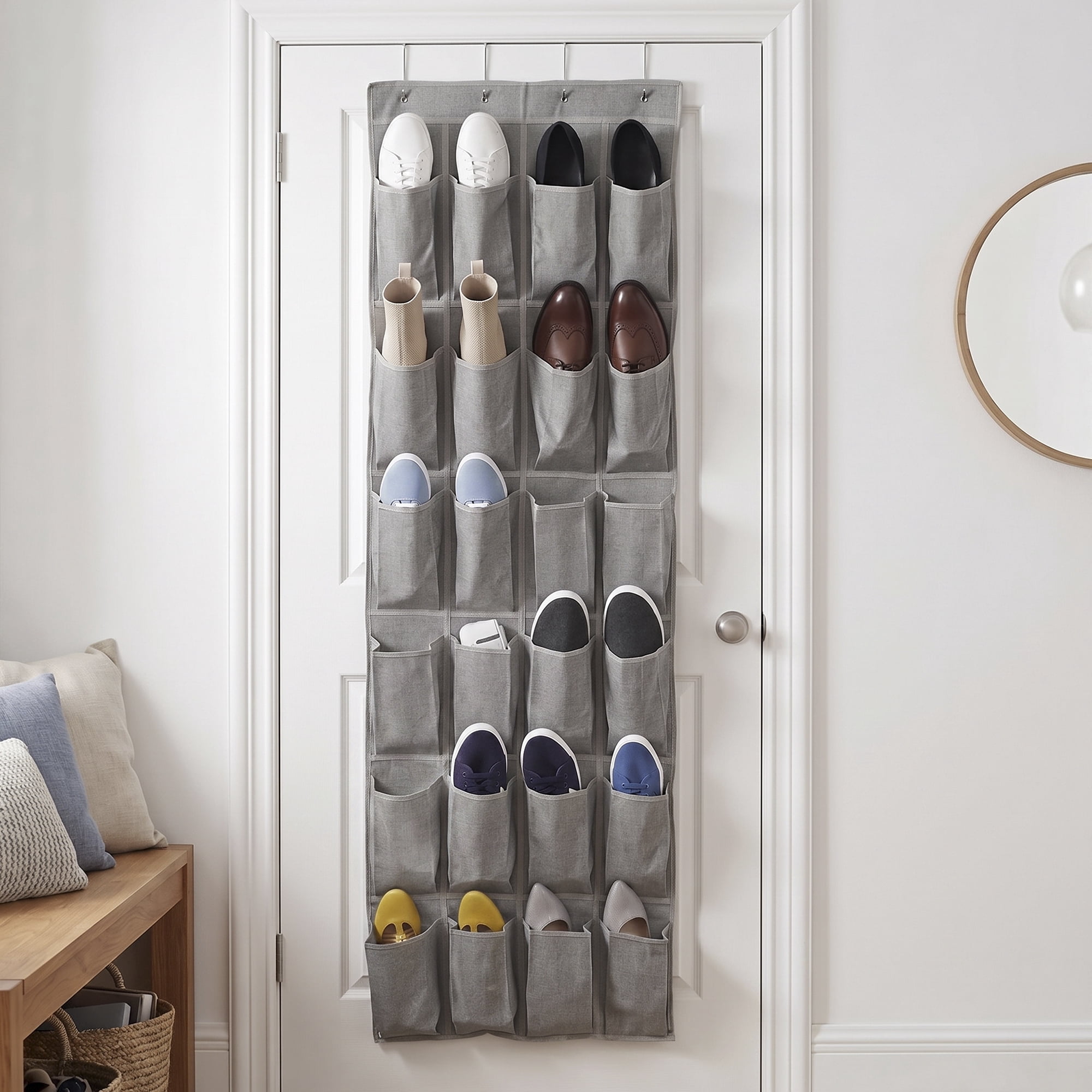 Better Homes & Gardens 24-Pocket Over-the-Door Shoe Organizer for Shoes and Accessories, Gray