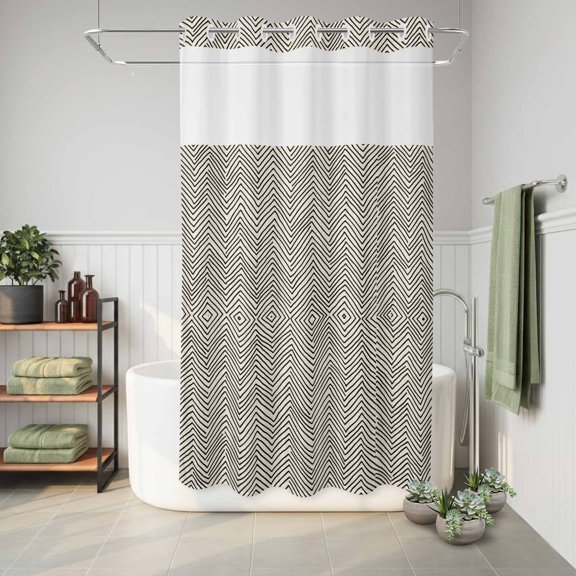 No Hook Shower Curtain Black Modern Striped Waterproof Fabric Shower Curtain Beige Simple Lines Hotel Style Bathroom Curtain with See Through Top Window Machine Washable 36x72in