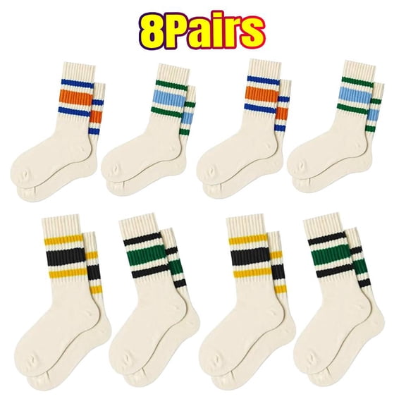 8 Pairs Fun Novelty Retro Striped Crew Socks For Women Sporty Calf Casual Cotton Tube Socks Women