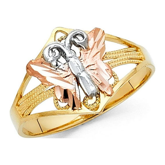 Butterfly Ring 14k Yellow White Rose Gold Band Fashion Style Tri Color Solid Fancy 12MM Size 7