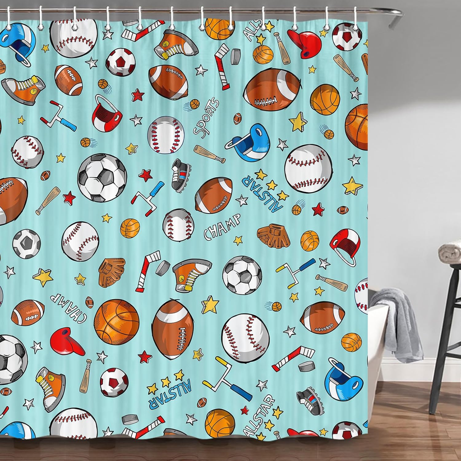 Sports Shower Curtain for Kids Children Teens, Basketball Football Baseball Hockey Star Teal Shower Curtain Sports Bathroom Decor, Fabric Baseball Shower Curtain Set with Hooks (72X84), Teal
