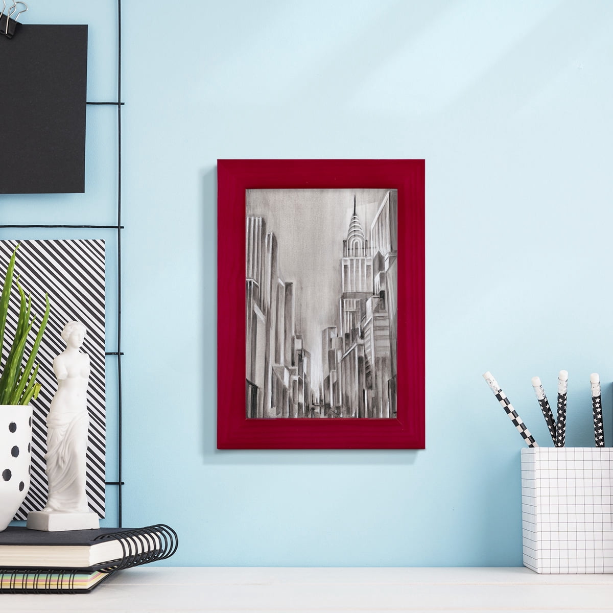 Art Deco Cityscape I -Framed Print w/glass-Cherry Red