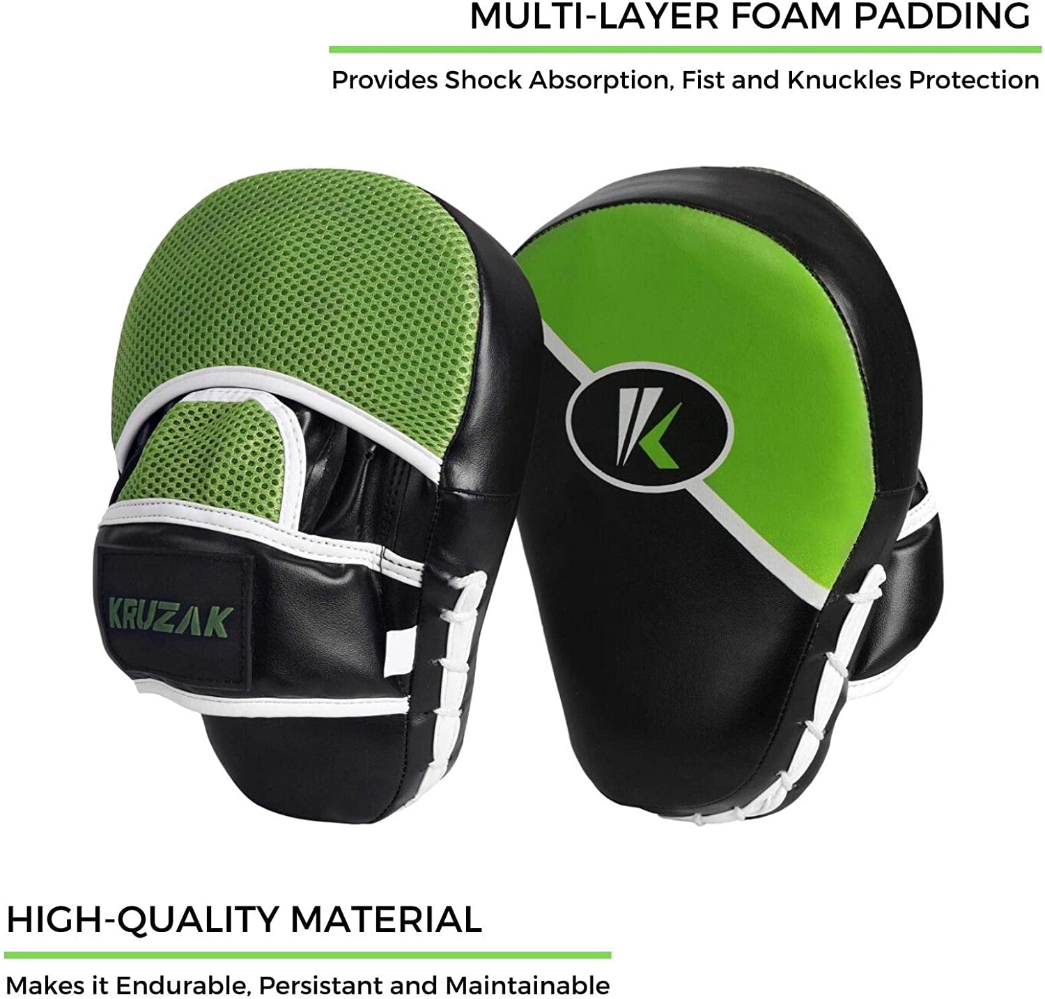 Kruzak Two-Tone Focus Mitts and Boxing Gloves Set for Kickboxing and Muay Thai MMA Training| Focus Pads + Training Gloves | Fitness Kit for Martial Arts and Karate (Black/Green, 12 oz)