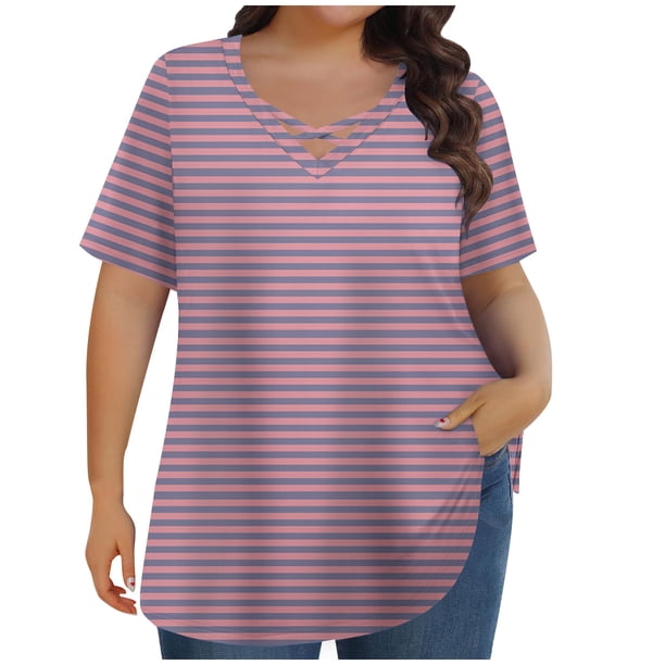 Tops de Manga Corta de Tamaño Más de las Mujeres, Blusas de Cuello en V Impresas de Verano de Moda para Uso Casual, Diario Y de Fiesta