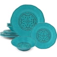 thumbnail image 2 of Rustic Beaded Melamine Dinnerware Sets, 12 Piece Plates and Bowls Sets, Durable and Chip Resistant Hard Plastic Farmhouse Dishes Set, Service for 4(Turquoise), 2 of 16