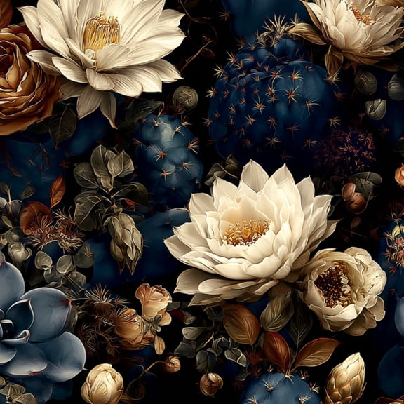 Peel and Stick Wallpaper Vintage Floral Design White Lotus Roses Cactus Dark Wall Mural 23.6in x 9.8ft Self Adhesive Removable Wall Paper Renter Friendly Wallpaper for Nursery Bedroom Cabinets