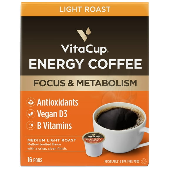 VitaCup Light Roast Coffee Pods w/ B Vitamins Compatible w/ K-Cup Brewers, 16 Count