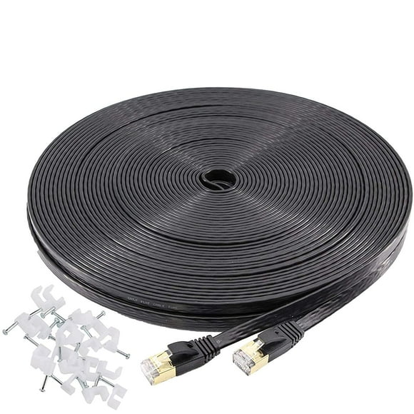 Jadaol Câble Ethernet Cat 7 100 Pieds SSTP Blindé Plat, Cordon de Protection Internet LAN pour Ordinateur, Plus Rapide Que Cat5e/cat6