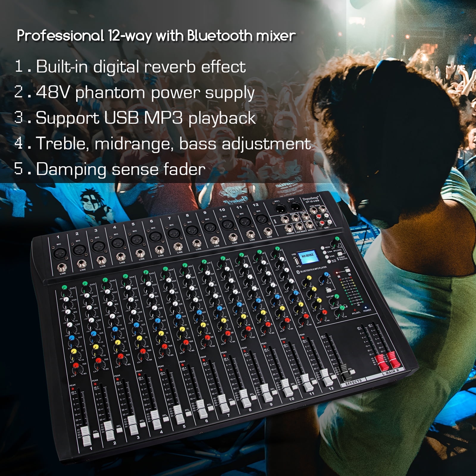 Depusheng DT12 Professional Audio Mixer 12 Channel DJ Sound Controller Interface w/USB Drive for Computer Recording Input, XLR Microphone Jack, 48V Power, RCA Input/Output