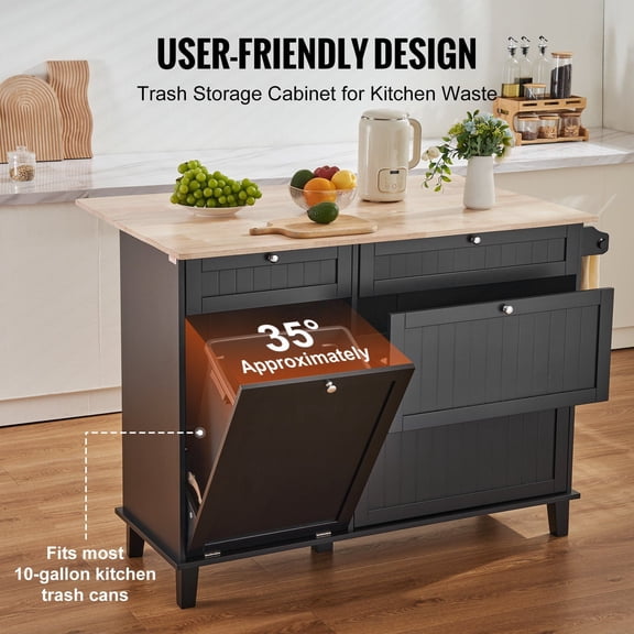 Kitchen Island Cart with Storage Cabinet, Drawer, and Built-in Trash Can - Mobile Serving Cart for Kitchen Counter Organization