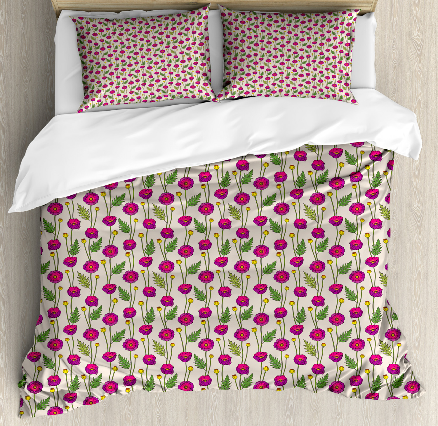 Pink Floral Duvet Cover Set, Colorful Abstract Poppy Flowers and Buds
