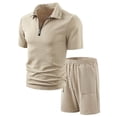 thumbnail image 5 of Riecok Big and Tall Short Sets 2 Piece Lounge Sets Collared Short Sleeve Zip Tops and Drawstring Shorts Loose Outfits Khaki L, 5 of 8