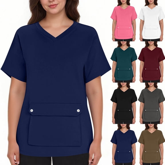 Yuanlook Women's V-Neck Scrub Tops with Big Front Pocket,Comfortable Stretch Short Sleeve Working Uniform Summer Nursing Tops for Women S-XXL