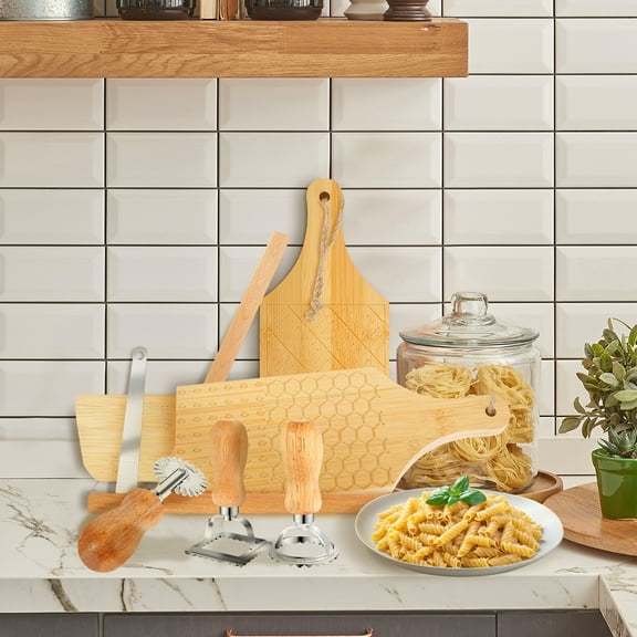 Gnocchi Pasta Making Tool Set Ergonomic Wood Gnocchi Board DIY Ravioli Stamp Maker Cutter with Roller Wheel Rolling Pin Pasta Making Accessories for Pasta Dumplings