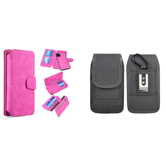 Clutch Wallet Detachable Case and Belt Holster Pouch for iPhone 14 Pro Max (Hot Pink/Gray)