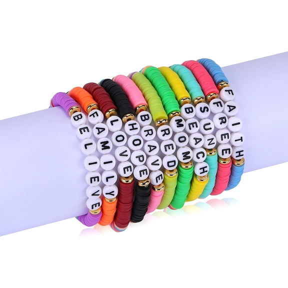 11pcs 11 style Polymer Clay Heishi Surfer Stretch Bracelets set Inspirational Word Acrylic Stackable Preppy Bracelets Mixed color Inner Diameter: 2 inch(5cm) 1pc/color