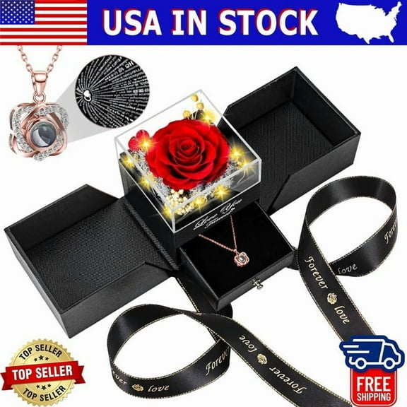 Preserved Eternal Rose Box with Hidden Necklace, Romantic Gifts for Her for Valentines, Anniversary, Mothers Day from Husband