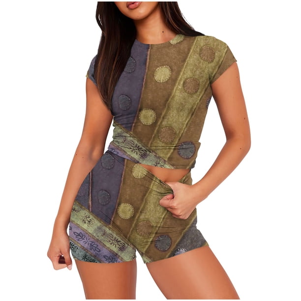 Camisetas de Mujer Casual Impreso Cuello Redondo de Manga Corta con Pantalones Cortos Elástico de la Cintura, Nylon para Diario Y Todas las Estaciones