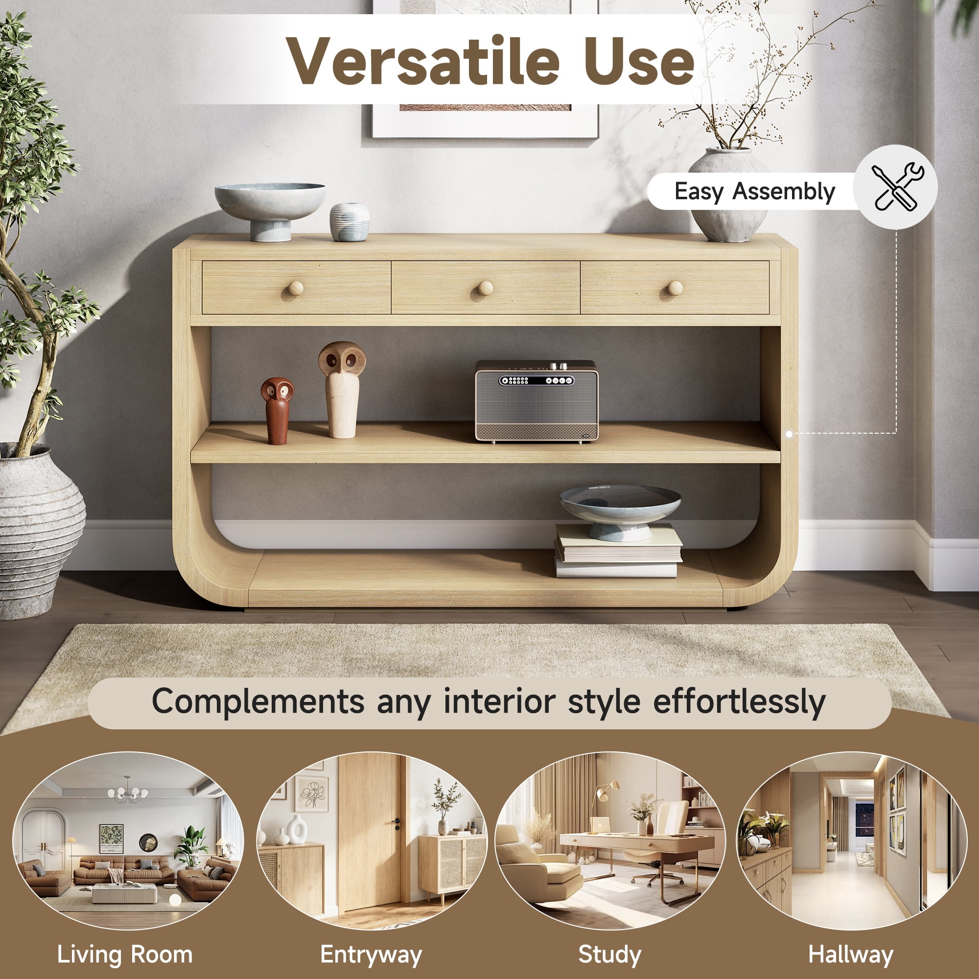 Euroco 55 Inch Curved Console Table with 3 Soft-Close Drawers, 3-Tier Entryway Table with 2 Storage Open Shelves,Wood Narrow Long Sofa Table for Living Room, Hallway, Foyer,Natural