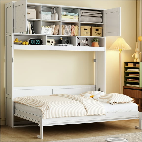 JERFIT Size Wall Murphy Bed with Ample Storage Space and Chevron Stripes White