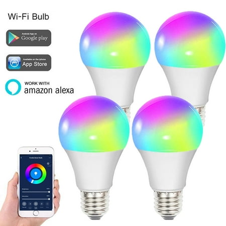 

4 pack Dimmable Smart Light Bulb WiFi Color Changing Compatible with Alexa and Google Home A19 10W 800 Lumens 2.4Ghz Only No Hub Required.