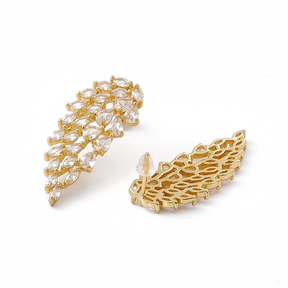 Cubic Zirconia Angel Wing Stud Earrings Real 18K golden Plated Brass Jewelry for Women Lead Free & Cadmium Free Clear 33x14.5mm Pin: 1mm