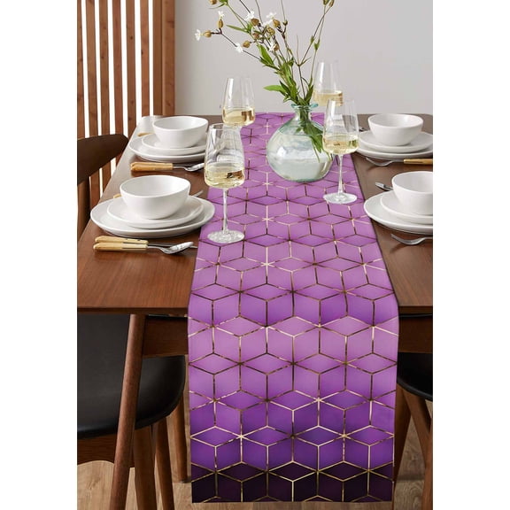Modern Gradient Purple Geometric Table Runner 13x72in Non-Slip Cotton Linen Table Runners, Abstract Stereo Aesthetics Dresser Scarves TableRunner for Dinner Kitchen Dining Wedding Party