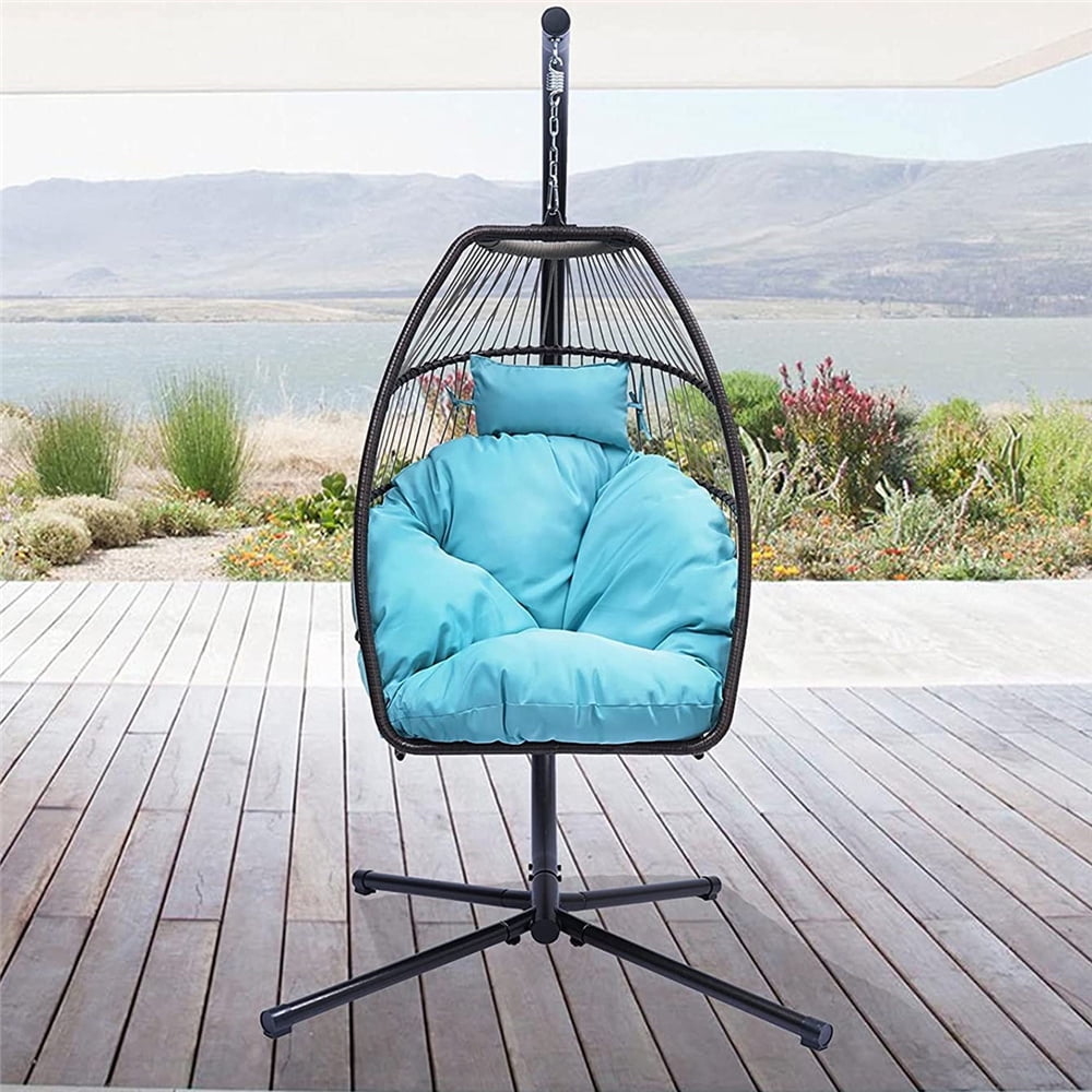 Outdoor Swinging Egg Chair, Patio Wicker Hanging Chairs with Stand, UV