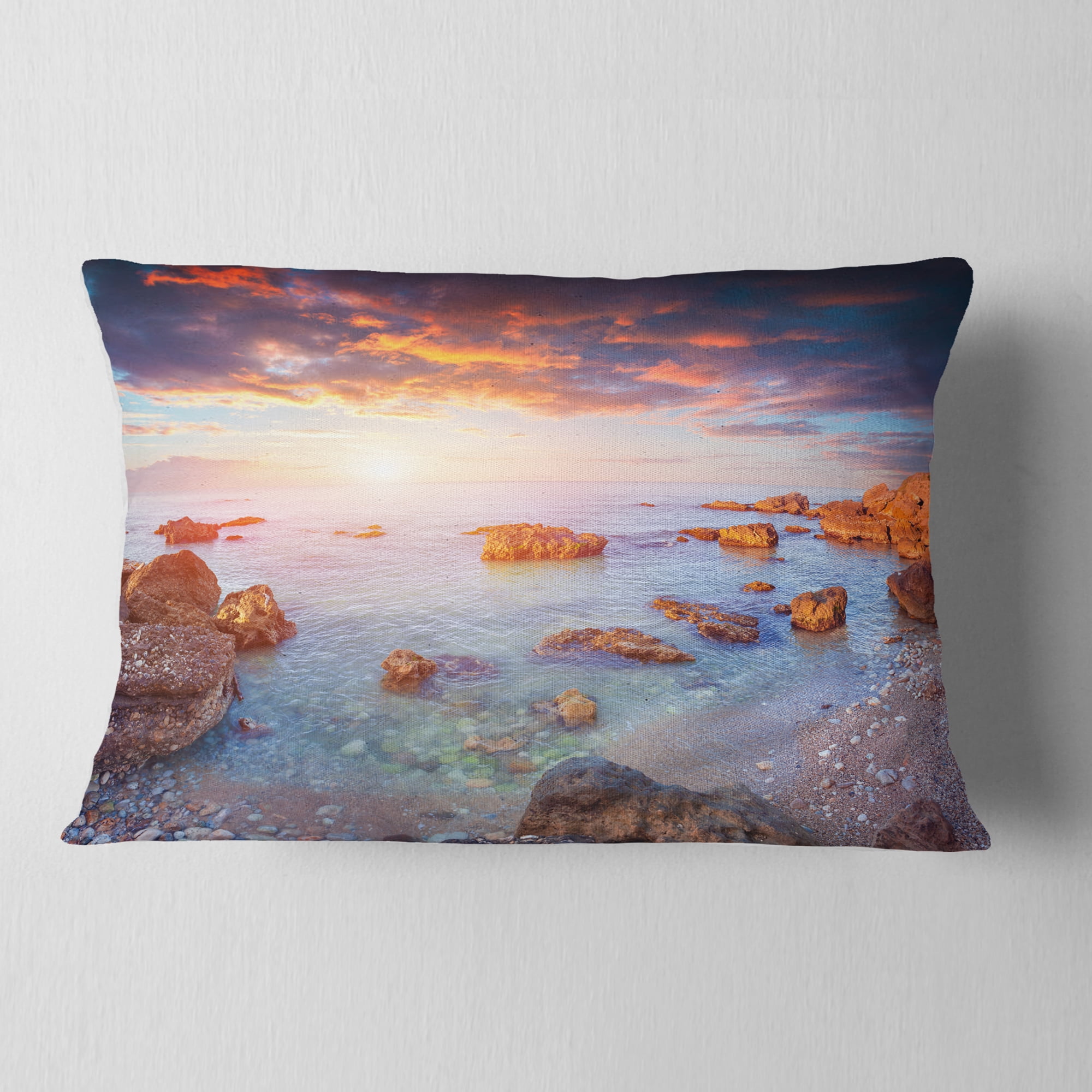 Designart Sunrise on South Coast of Sicily - Seashore Photo Throw Pillow - 12x20