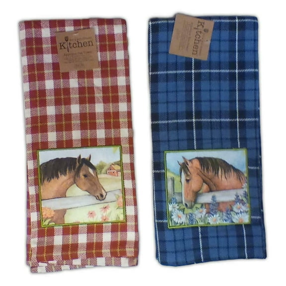 Set of 2 Grace & Beauty PLAID HORSE Applique Kitchen Towels by Kay Dee Designs