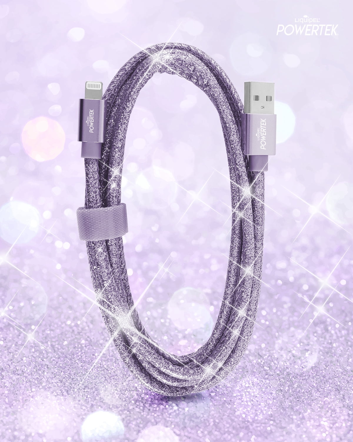 Liquipel Powertek iPad & iPhone Charger Cable, Fast Charging 6ft MFI Certified Lightning to USB Cord, Pastel Glitter Purple