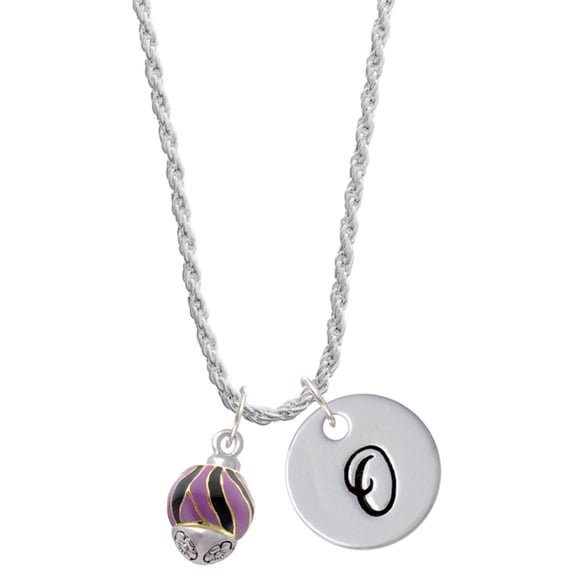 Delight Jewelry Goldtone Wide Black and Purple Animal Striped Print Spinner Silvertone Script Initial Disc - O - Charm Necklace, 20"+3"