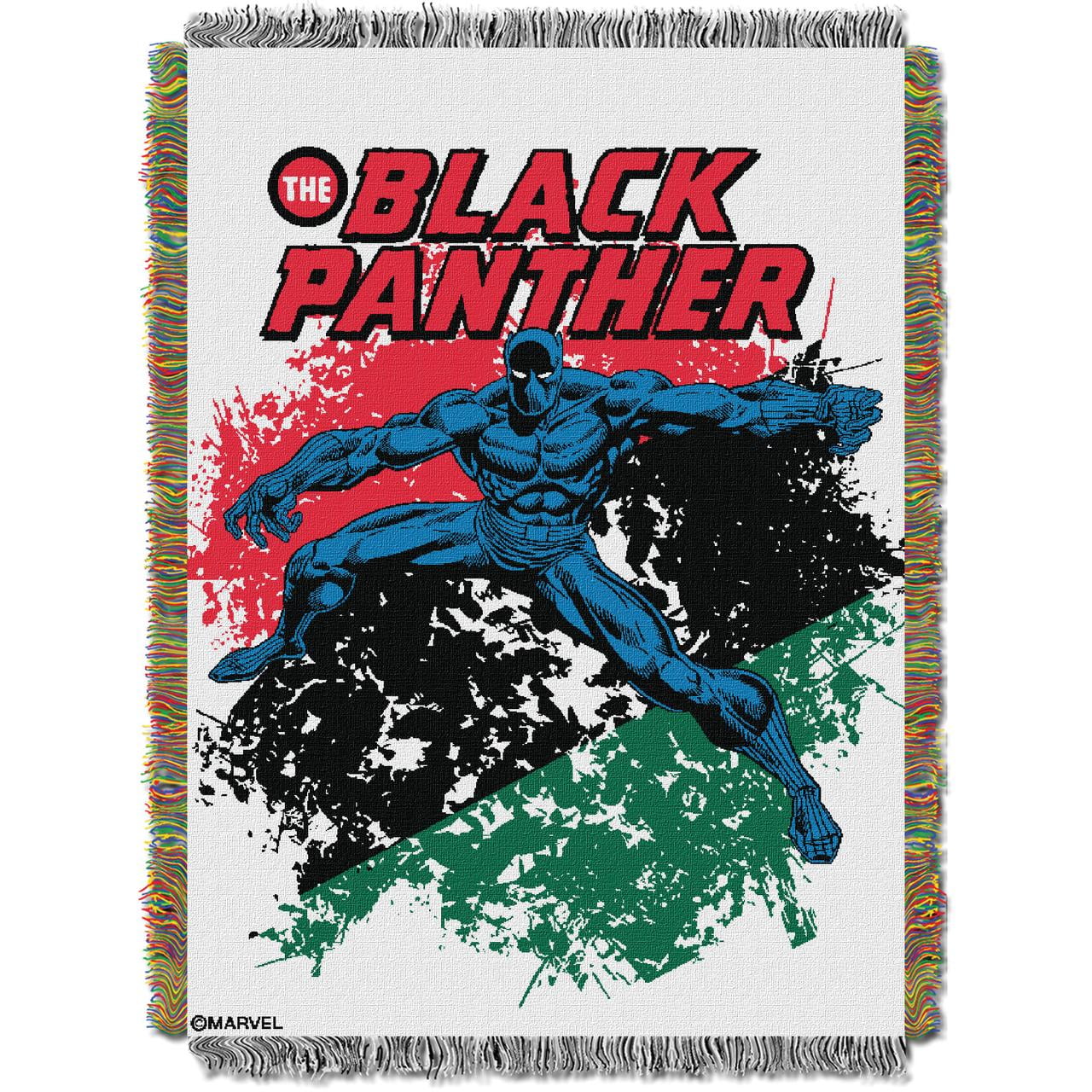 Marvel Black Panther Woven Patchwork Fringe Tapestry Throw Blanket 48" x 60" NWT 