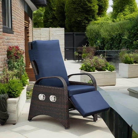 Outdoor Wicker Recliner Chair with Adjustable Footrest and Flip Side Table, All-Weather PE Rattan Push Back Lounge Chair for Patio, Garden, Deck, Backyard