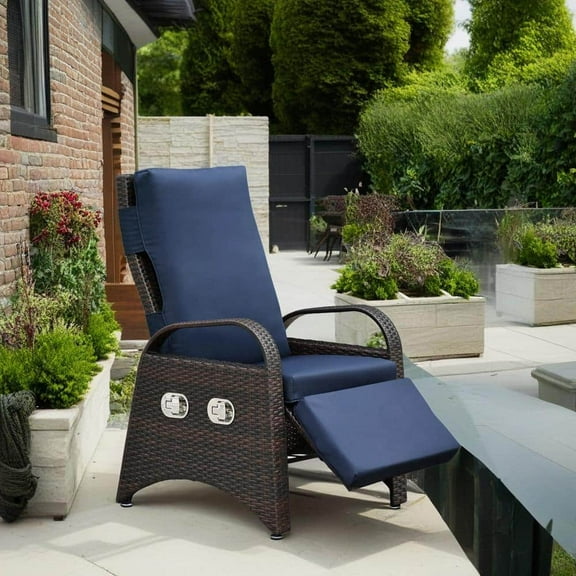 Outdoor Wicker Recliner Chair with Adjustable Footrest and Flip Side Table, All-Weather PE Rattan Push Back Lounge Chair for Patio, Garden, Deck, Backyard