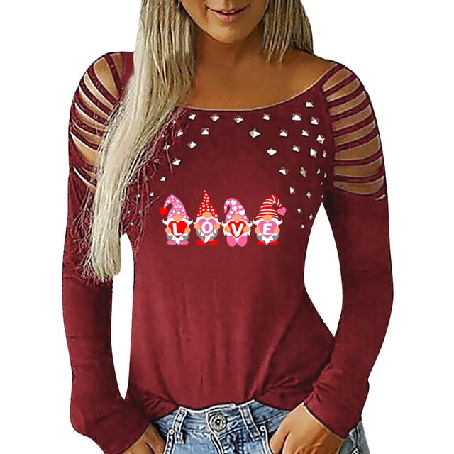 Blusa de manga larga con estampado de día de San Valentín y hombros descubiertos para mujer Pompotops gfhjh17911
