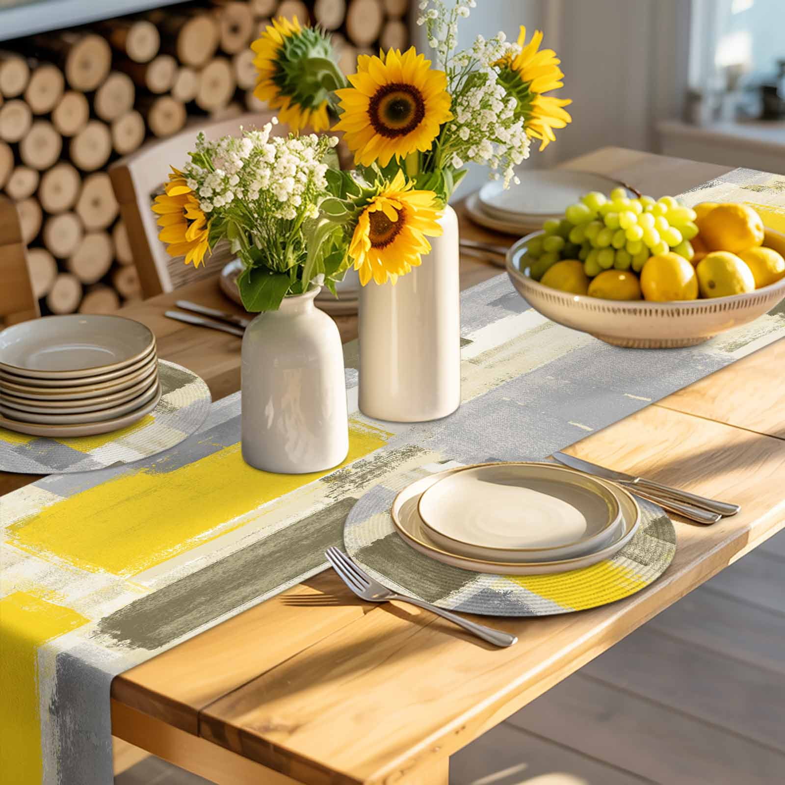 Abstract Vintage Round Table Placemats set of 6, Art Oil Painting Texture Washable Woven Place Mats for Dining Tables Kitchen Party Decor,Heat Proof, 13in, Yellow