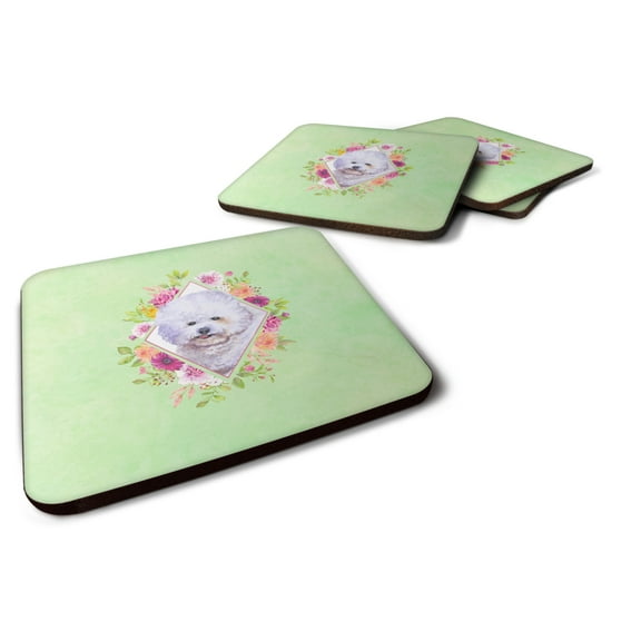 Carolines Treasures CK4280FC Bichon Fris? Design2 Green Flowers Foam Coaster Set of 4 3 1/2 x 3 1/2 multicolor