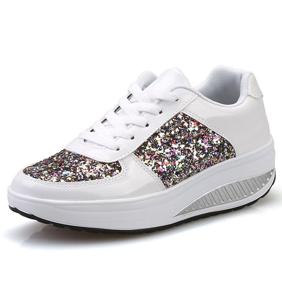 Dakaela Womens Platform Sneakers Sequin Glitter Walking Tennis Shoes Lace up Wedge Slip on Sneaker White 7