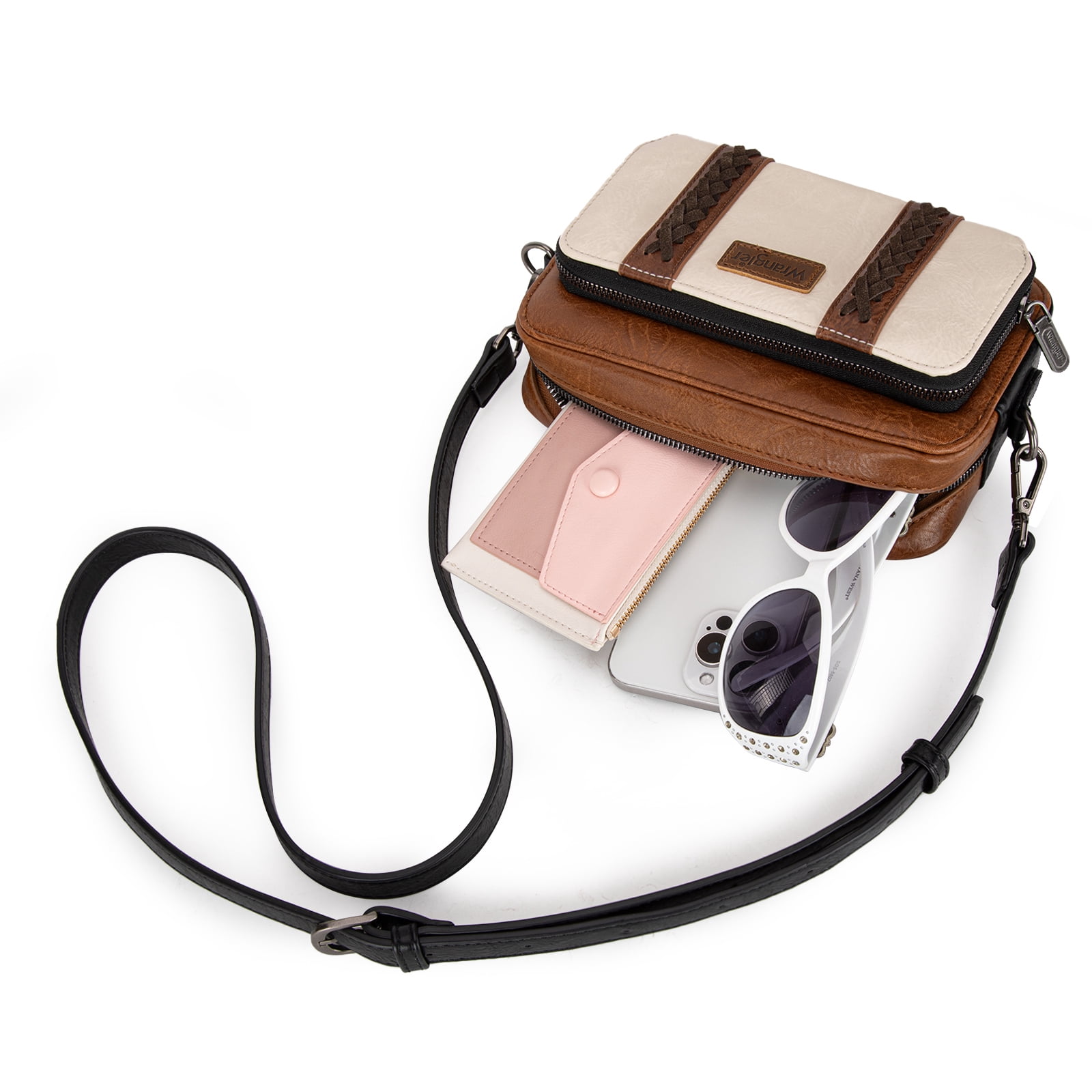 Wrangler Crossbody Bag for Women Vegan Leather Western Shoulder Purse Small Multi Pocket Crossbody Wallet Purse Crossover Bags with Adjustable Strap, Brown-Tan