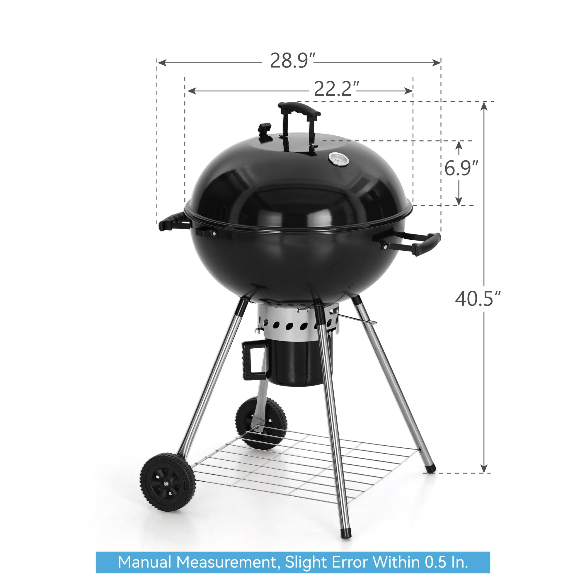 22 Inch Large Kettle Charcoal Grill with Foldable Grate & Wheels, Porcelain Coated Lid Ash Pan for Backyard Barbecue Picnic Camping Outdoor Adventures, Durable Steel Frame, Black