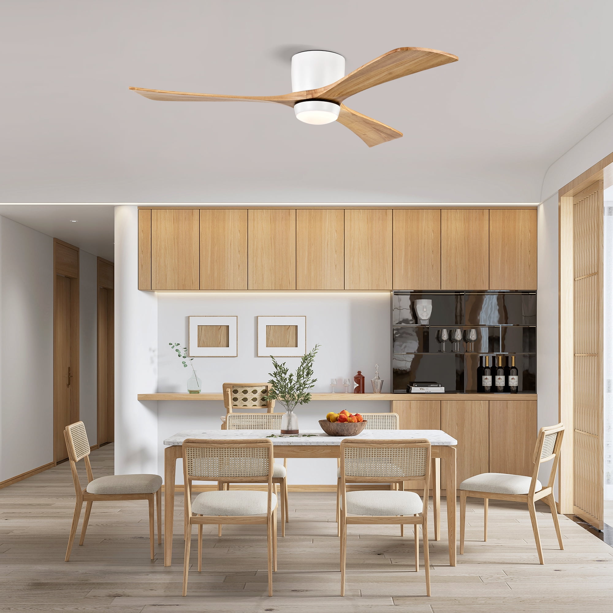 Leumius 52" Flush Mount Solid Wood Blades Ceiling Fan with Light and Remote Control,Quiet DC Motor 6 Speed Levels,Reversible for Patio Living Room Bedroom Office White+Natural