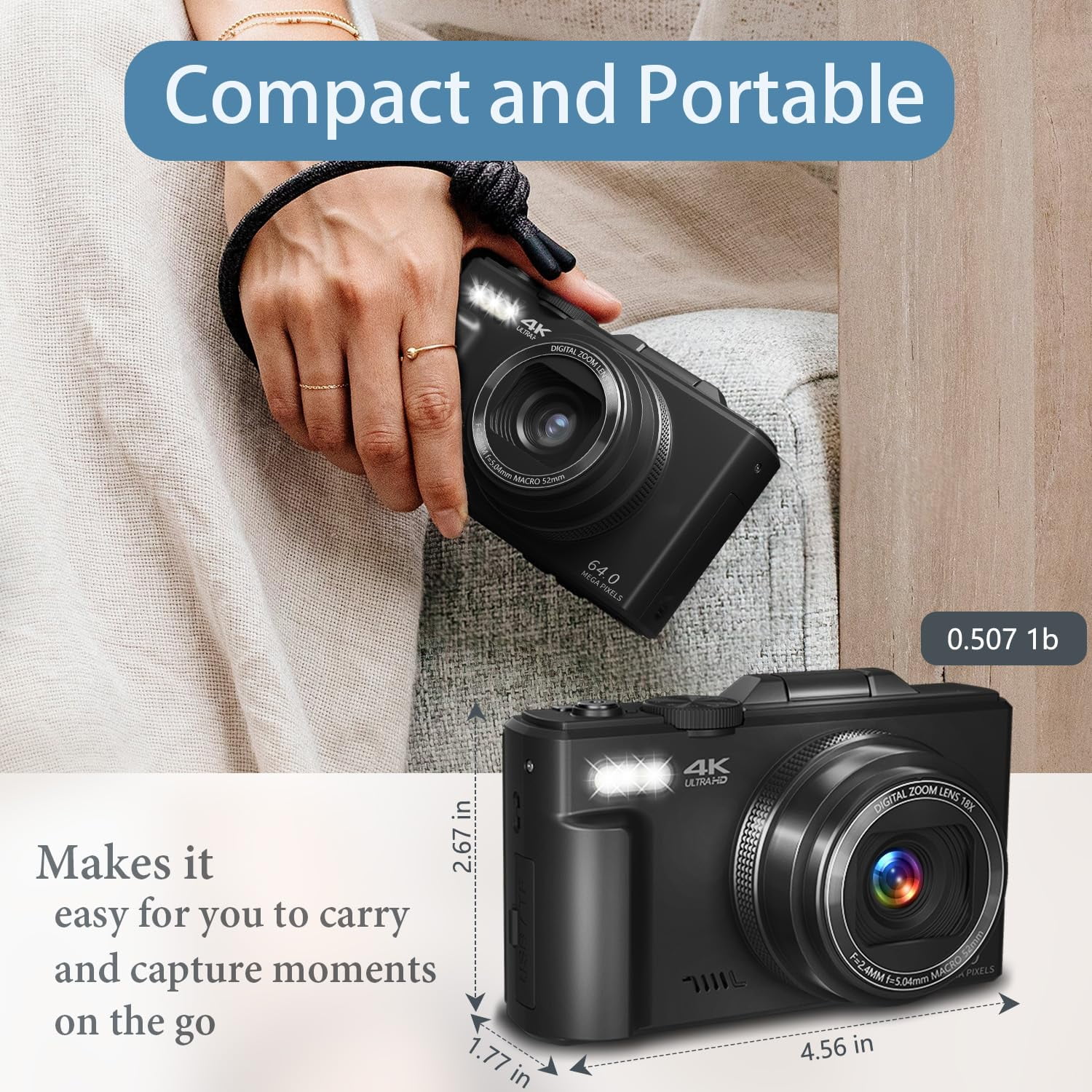 Saneen Digital Camera 4K 64MP Vlogging Camera for YouTube 3''180°Flip Screen 18X Zoom Autofocus 32GB SD Card Video Cameras for Beginners