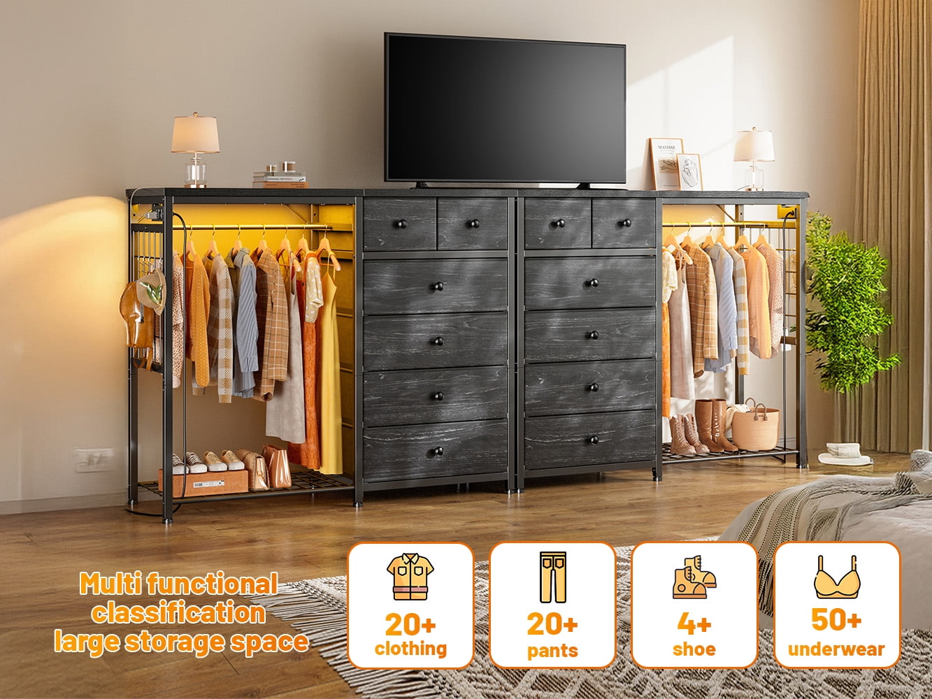Snhomee Dresser with Clothes Rack 6 Drawer Dresser with Clothing Rack for Hanging Clothes Black Dresser with Fabric Drawers & Charging Station