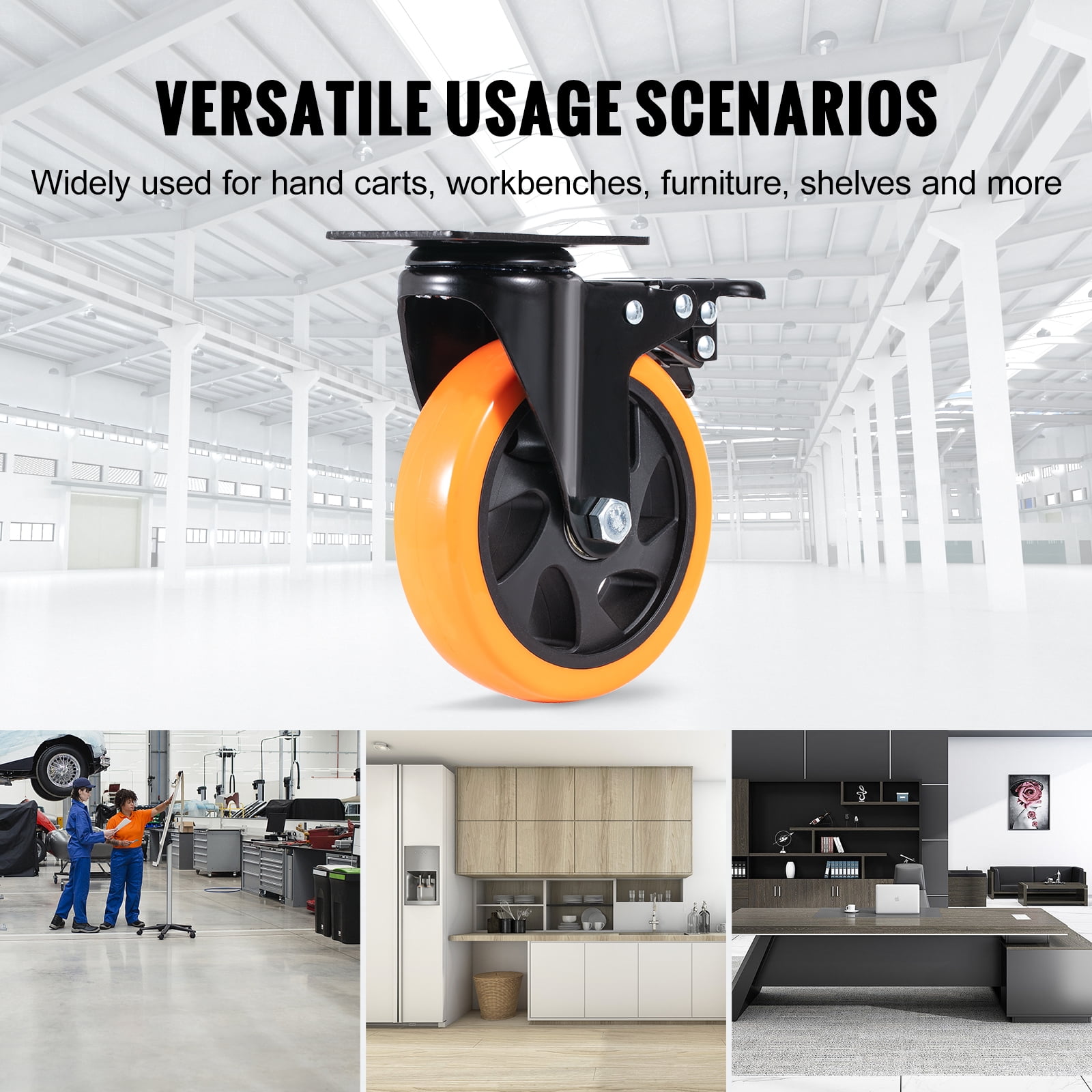 VEVOR Caster Wheels,5-inch Swivel Plate Casters, Set of 4, with Security A/B Locking No Noise PVC Wheels, Heavy Duty 450 lbs Load Capacity Per Caster, Non-Marking Wheels for Cart Furniture Workbench